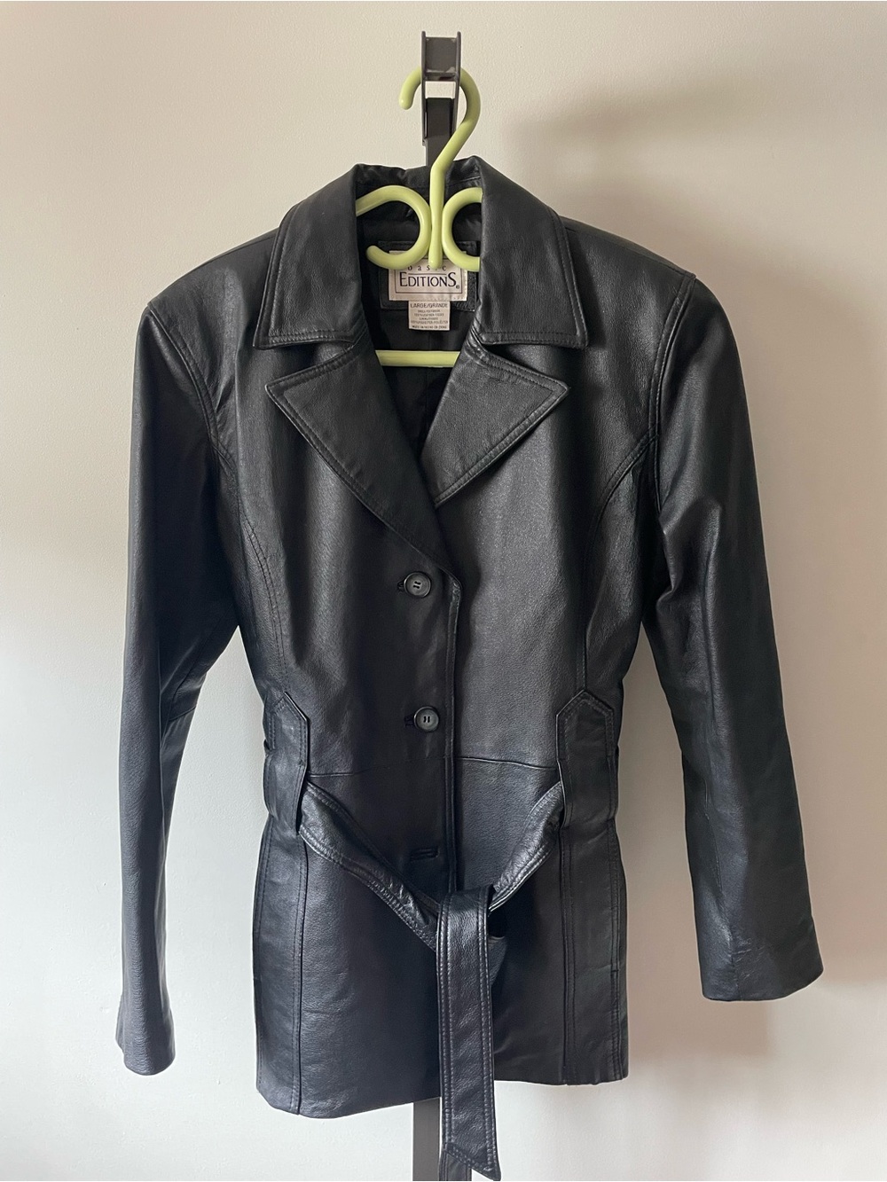 Vintage 90s Y2K Basic Editions Leather Mid Length Trench Coat Jacket Belt Large
